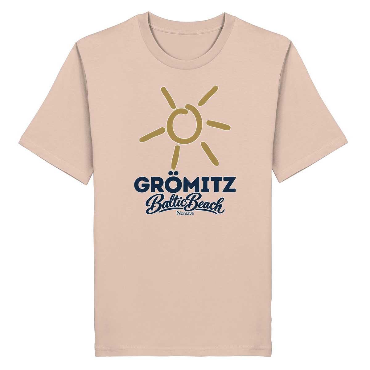 Bio Unisex T-Shirt Grömitz Sonne Baltic Beach – fraiche peche, Frontdruck mit goldener Sonne, Shirtigo-Originalmockup 11