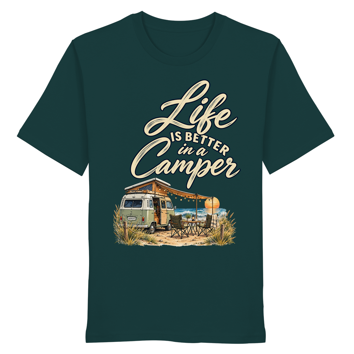 Bio T-Shirt in Glazed Green mit „Life is better in a Camper“-Motiv – Vorderansicht für Vanlife- und Campingfans