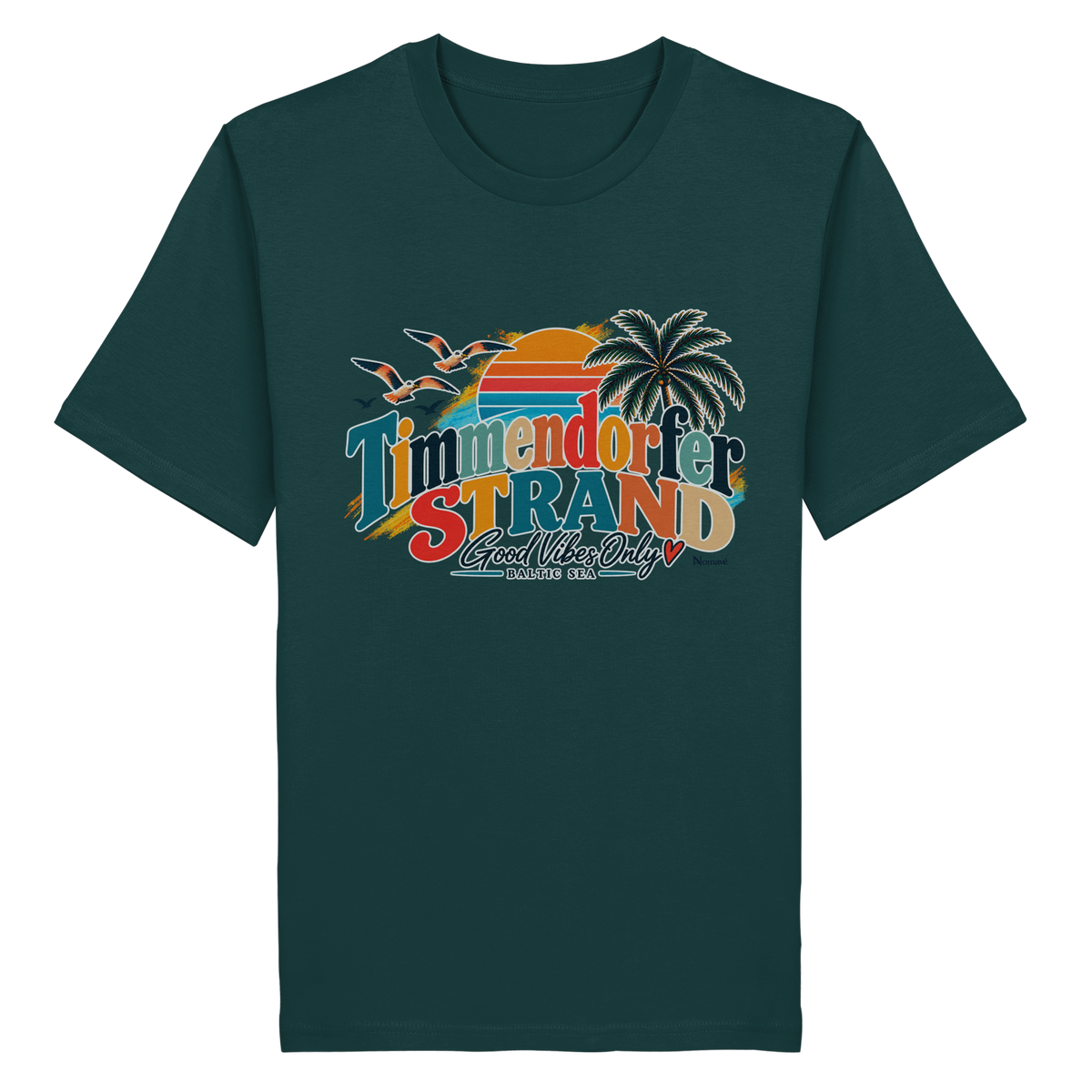 Vorderansicht des Unisex-T-Shirts in Glazed Green mit Timmendorfer-Strand-Good-Vibes-Only-Frontprint aus Sonnenuntergang, Palmen und Möwen.