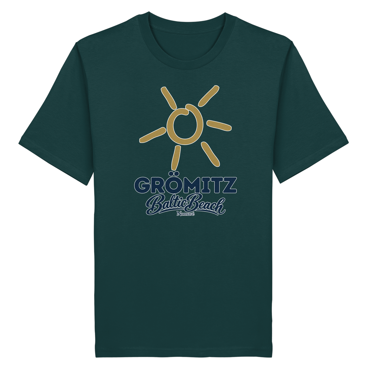 Bio Unisex T-Shirt Grömitz Sonne Baltic Beach – glazed green, Frontdruck mit goldener Sonne, Shirtigo-Originalmockup 13