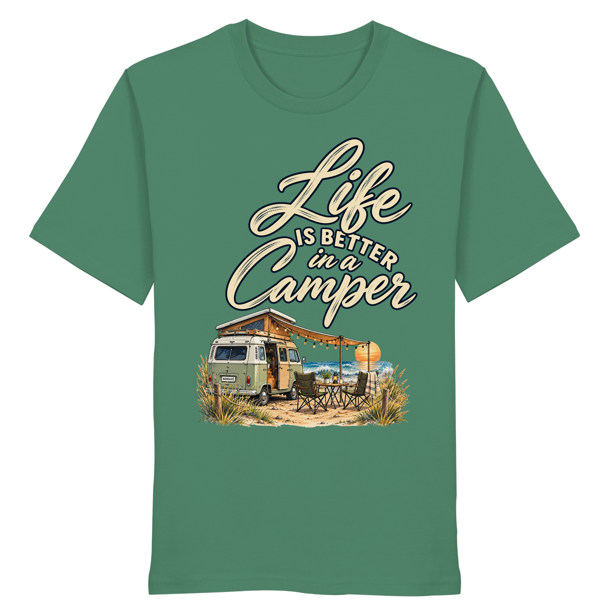 Bio T-Shirt in Green Bay mit „Life is better in a Camper“-Motiv – Vorderansicht für Vanlife- und Campingfans