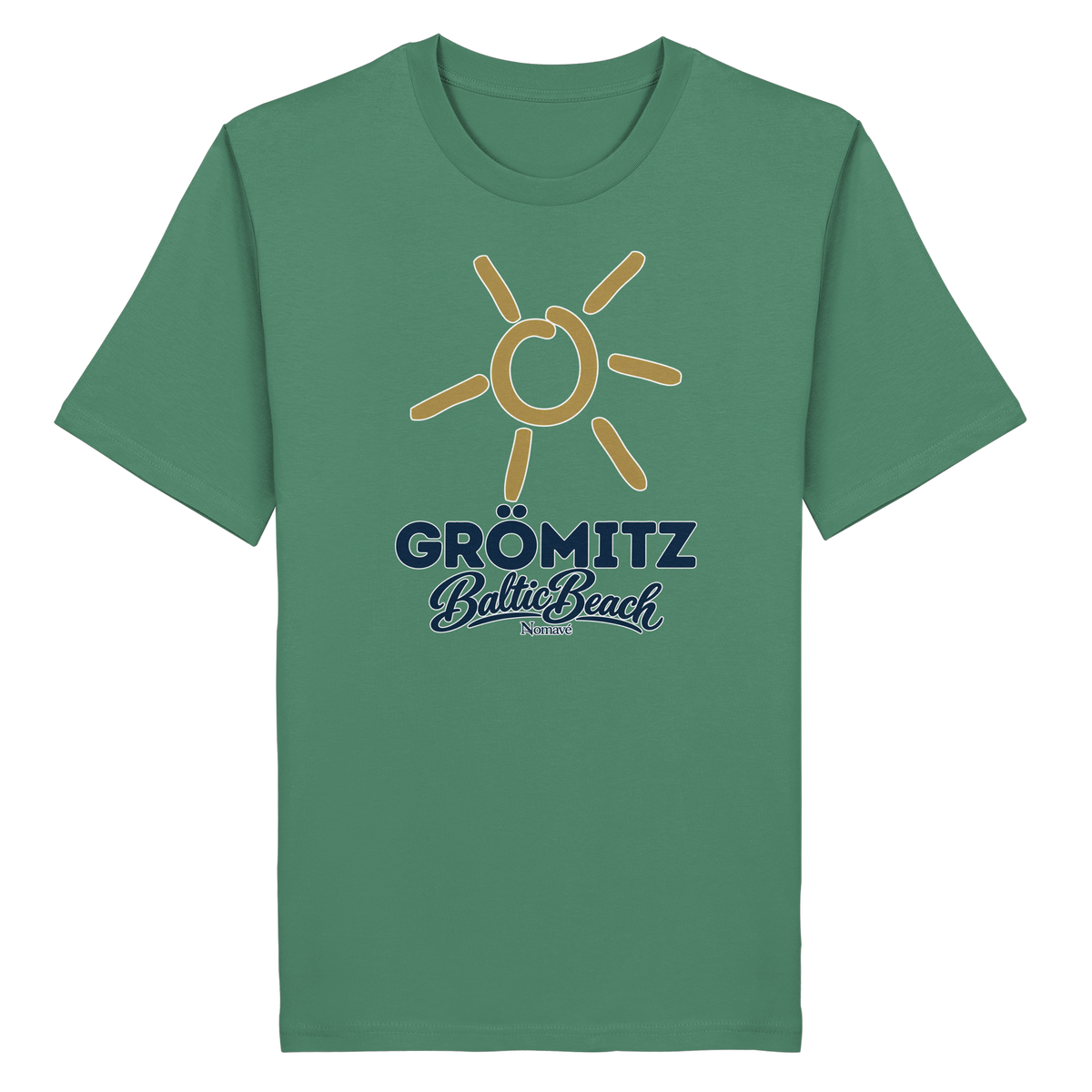 Bio Unisex T-Shirt Grömitz Sonne Baltic Beach – green bay, Frontdruck mit goldener Sonne, Shirtigo-Originalmockup 8