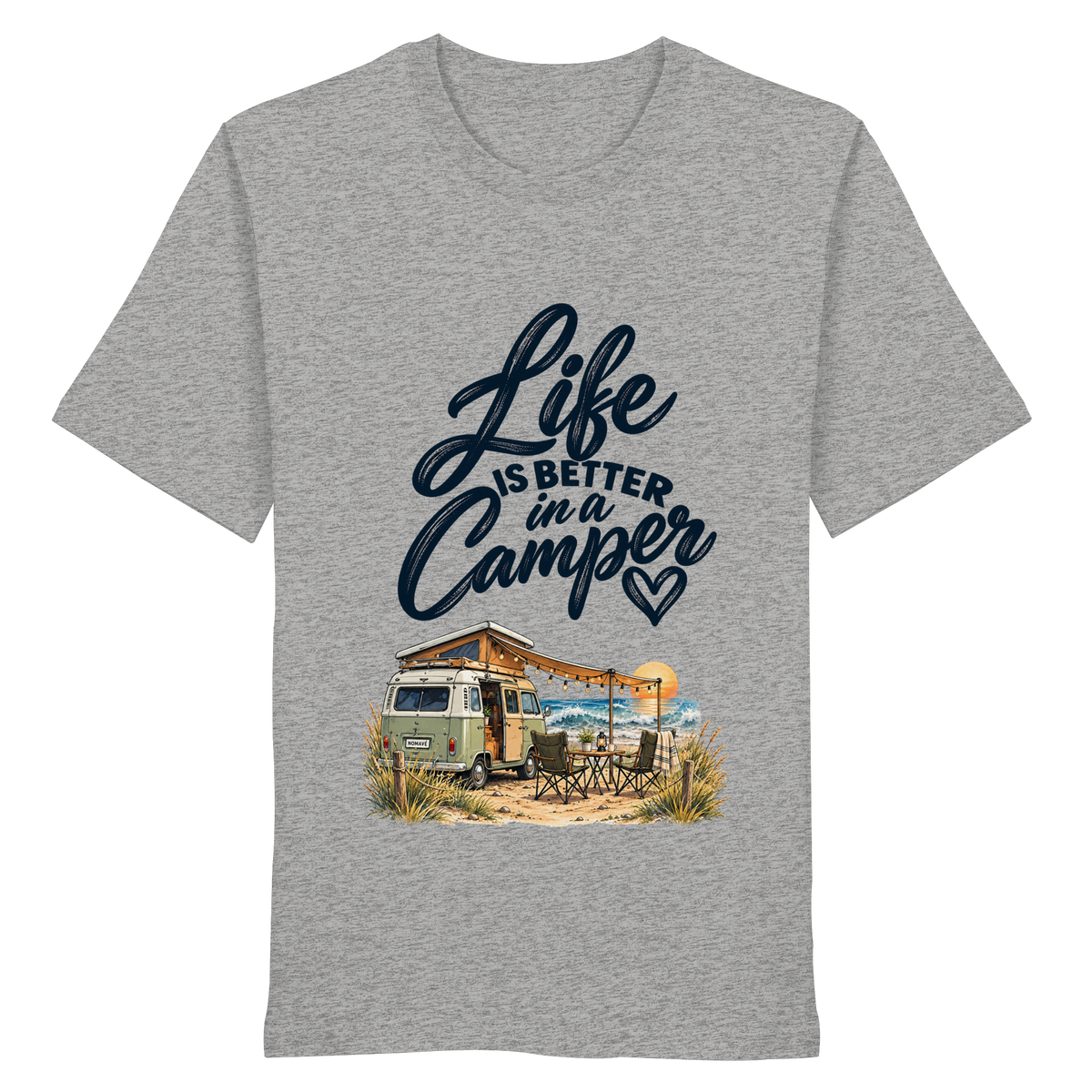 Bio T - Shirt mit „Life is better in a Camper“-Motiv – Vorderansicht in Heather Grey für Vanlife- und Campingfans