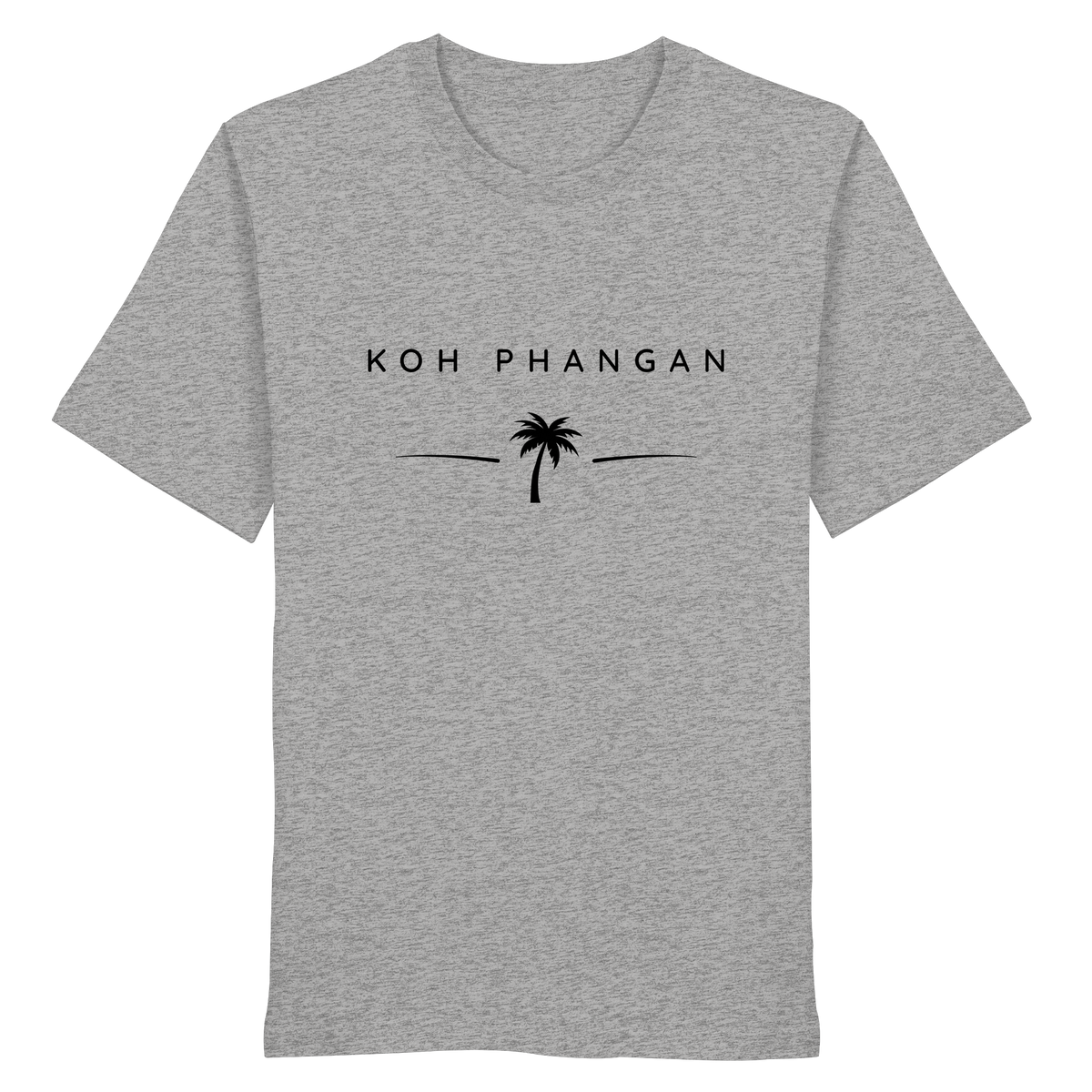 Frontansicht des Bio T-Shirt in Heather Grey mit Koh Phangan Minimal Palm Frontprint