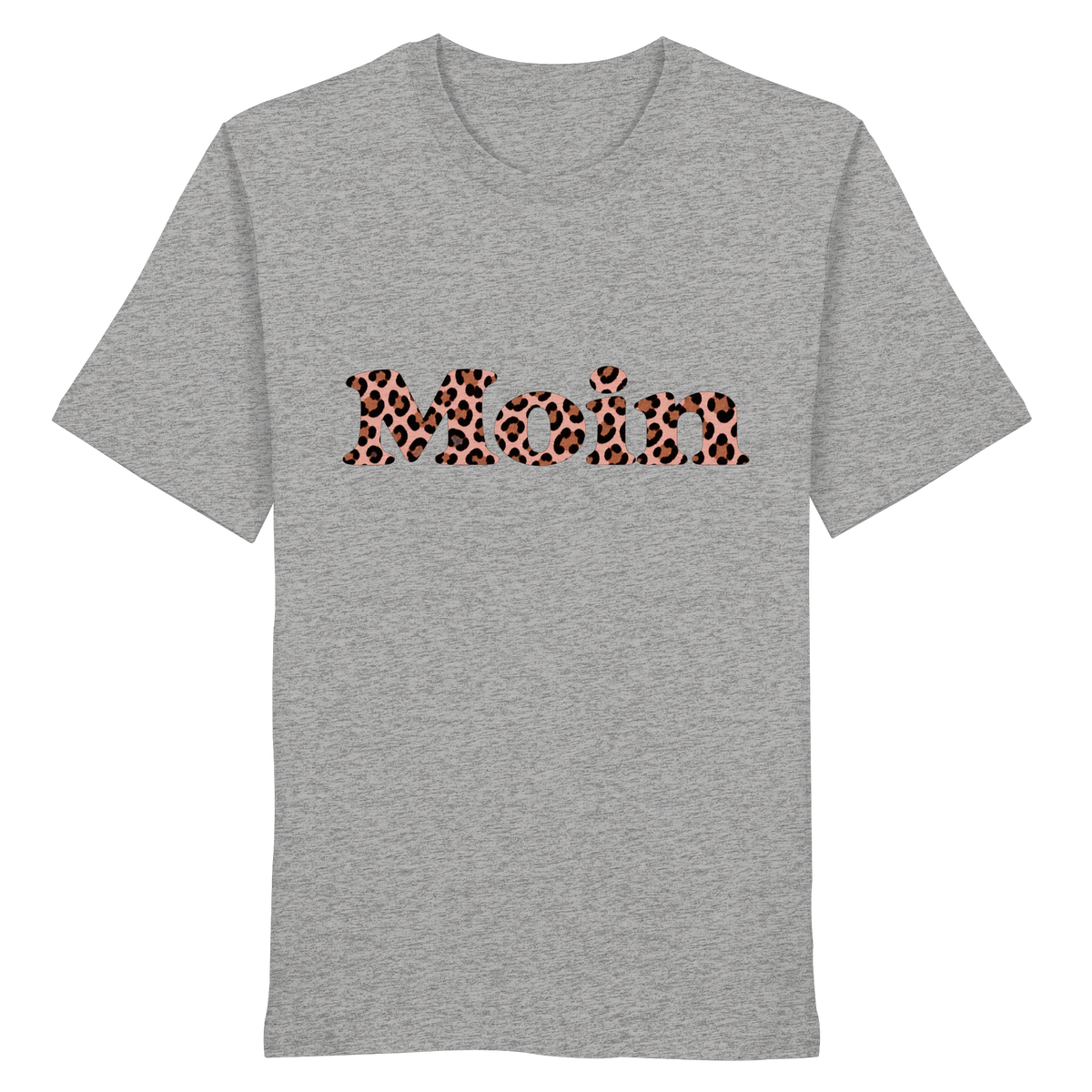 Bio-Unisex-T-Shirt in Heather Grey von vorne mit Moin-Leo-Blush-Pink-Motiv.