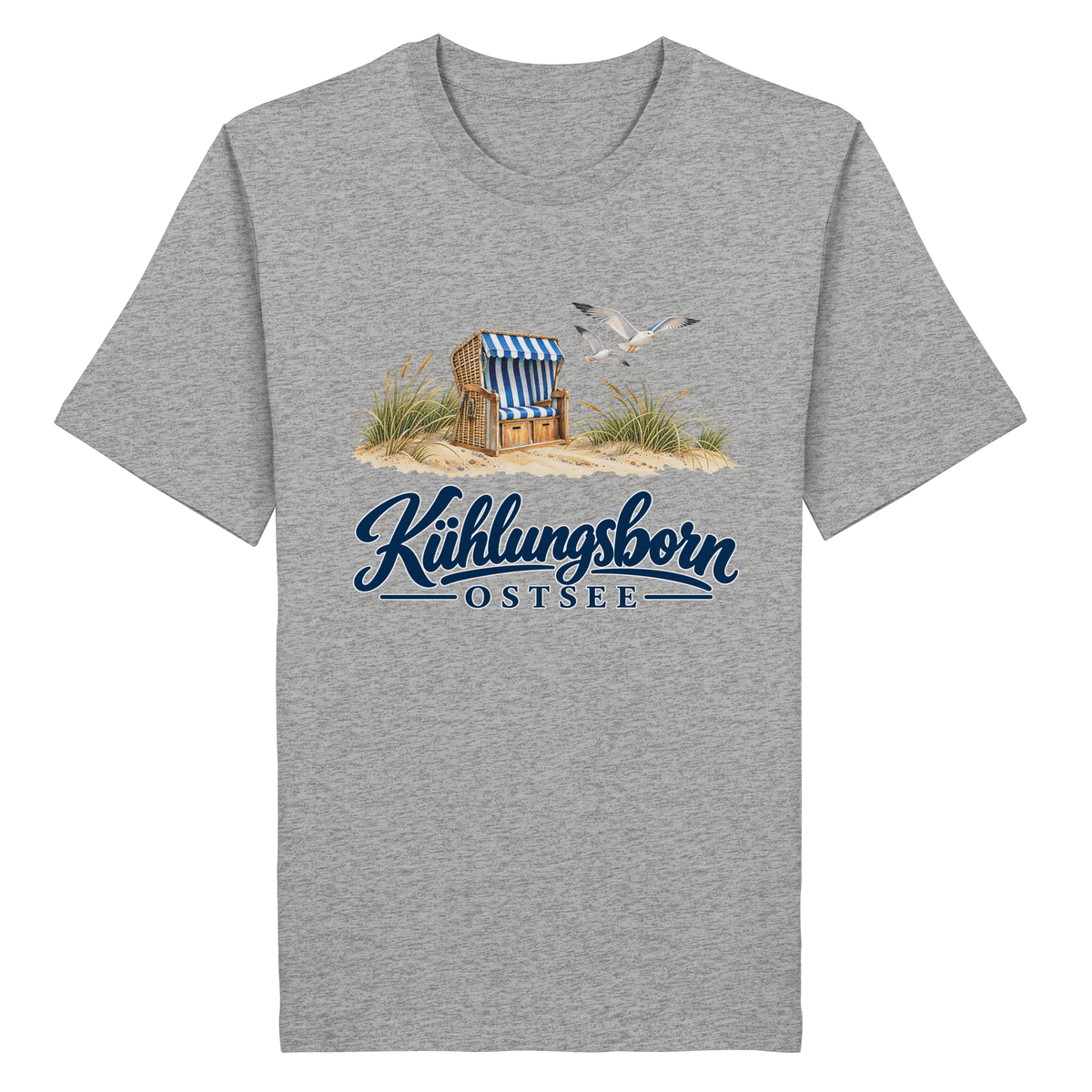 Bio-Unisex-T-Shirt Kühlungsborn – Strandkorb & Ostsee in Heather Grey, Shirtigo-Originalmockup der Vorderseite mit Strandkorbmotiv.