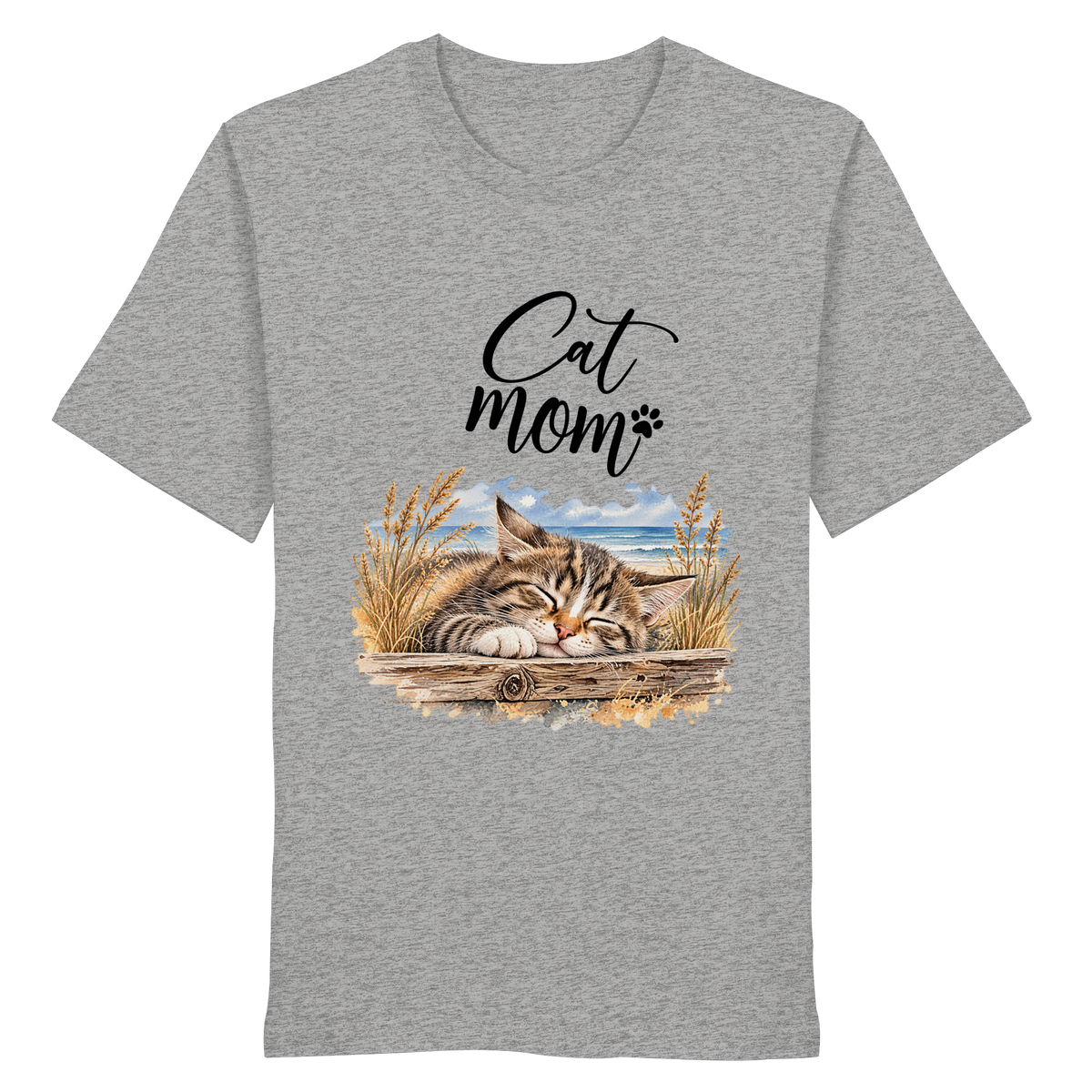 Unisex Bio-T-Shirt in Heather Grey mit Cat-Mom-Katzenmotiv als Frontprint – Vorderansicht im Original-Mockup.