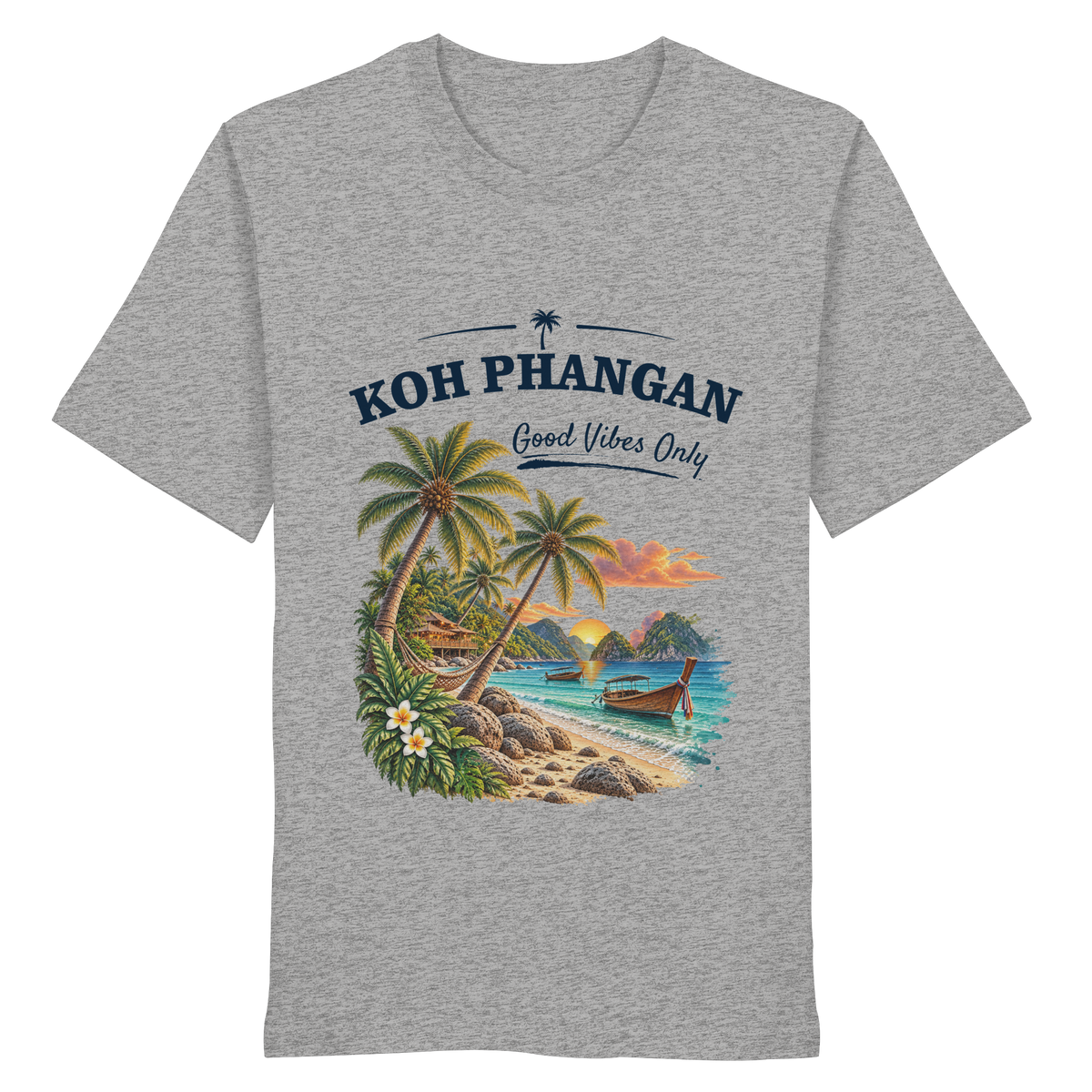 Koh Phangan Good Vibes Only – Bio T-Shirt – Original-Mockup organic shirt heather grey mit Frontprint