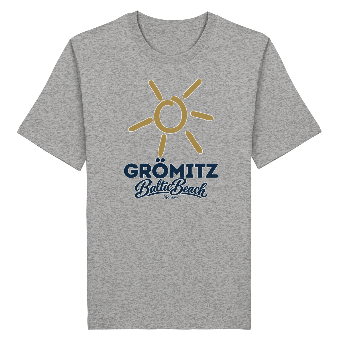 Bio Unisex T-Shirt Grömitz Sonne Baltic Beach – heather grey, Frontdruck mit goldener Sonne, Shirtigo-Originalmockup 3