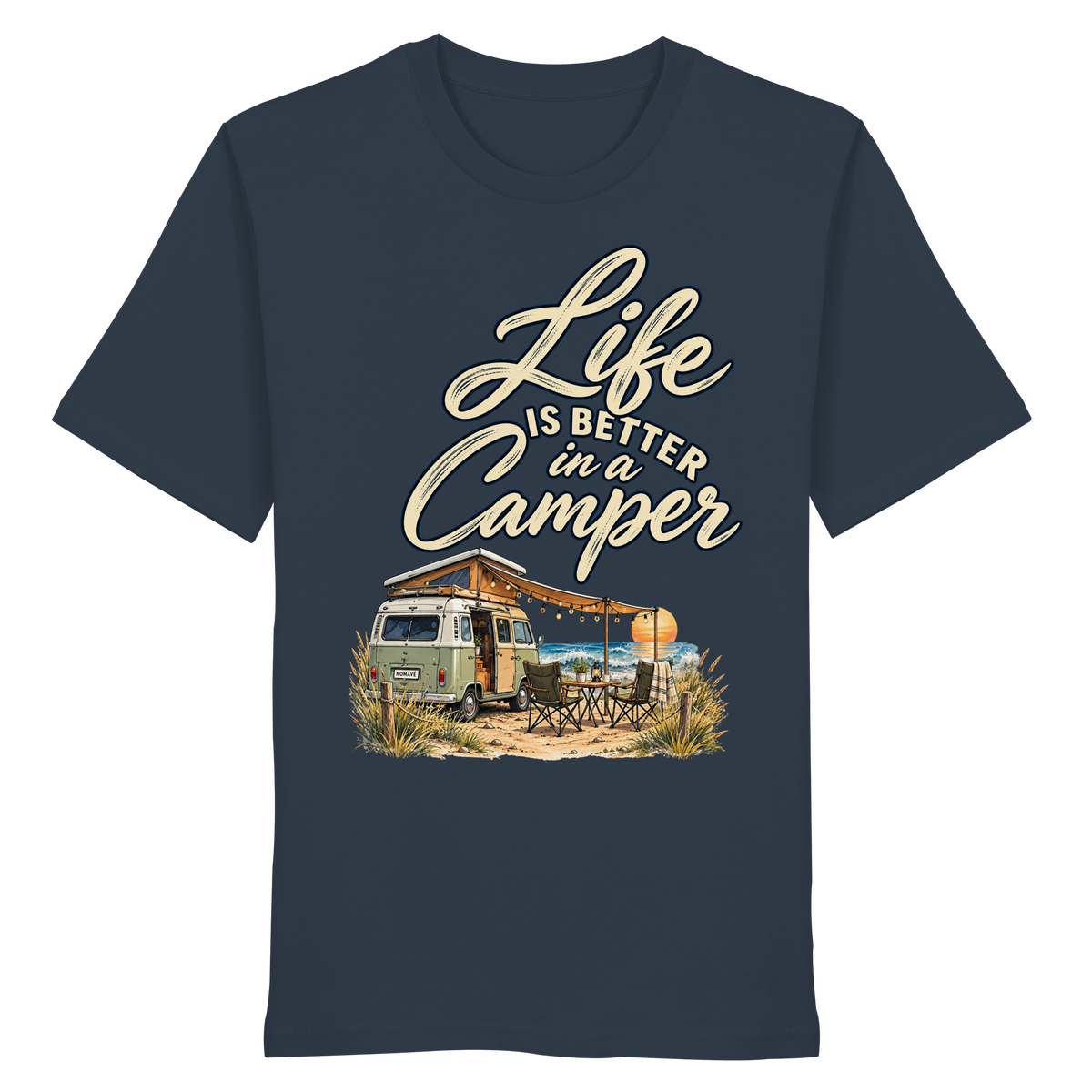 Bio T-Shirt in India Ink Grey mit „Life is better in a Camper“-Motiv – Vorderansicht für Vanlife- und Campingfans