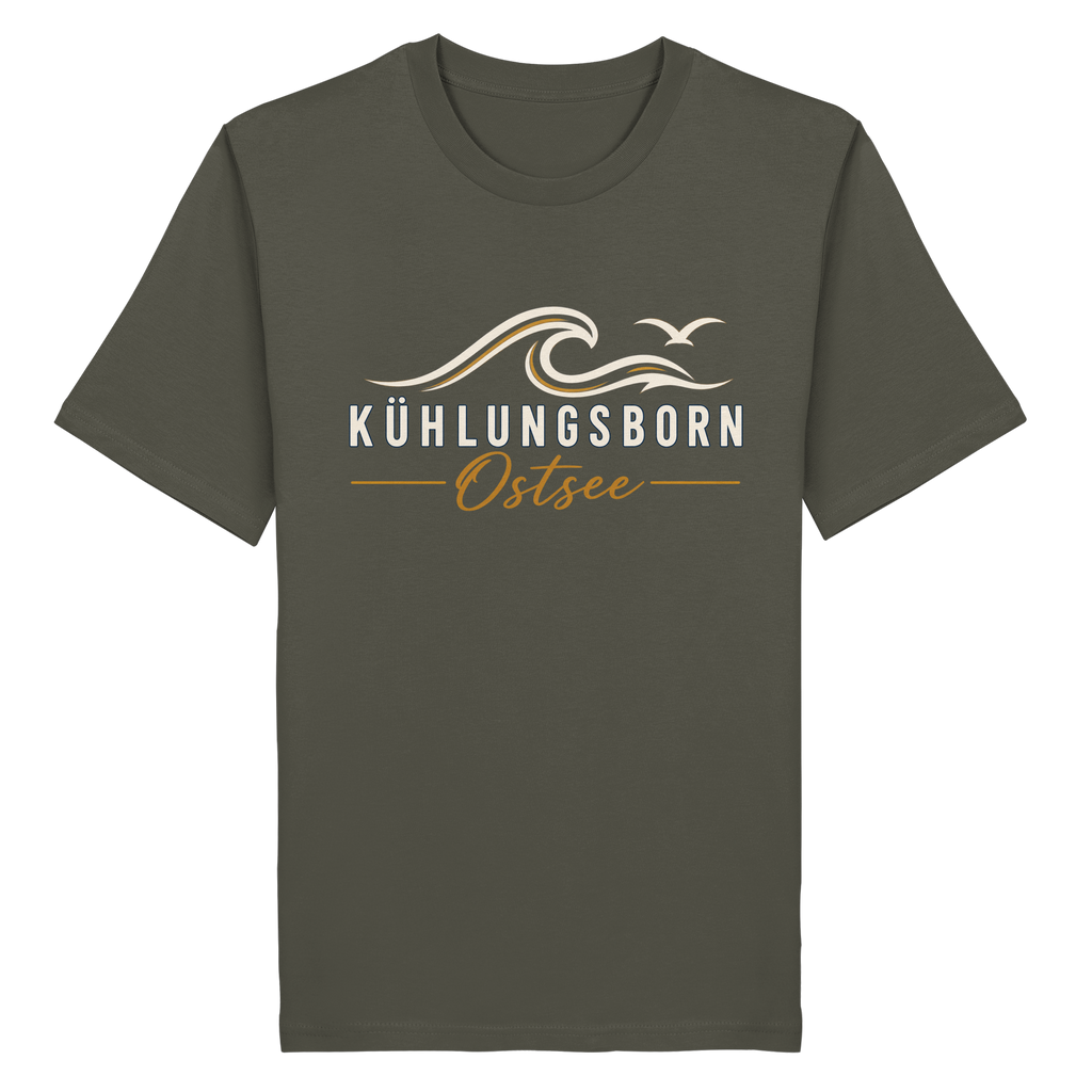 Kühlungsborn Baltic Waves Bio-Unisex-T-Shirt Dark Edition in Khaki – originales Shirtigo-Produktmockup