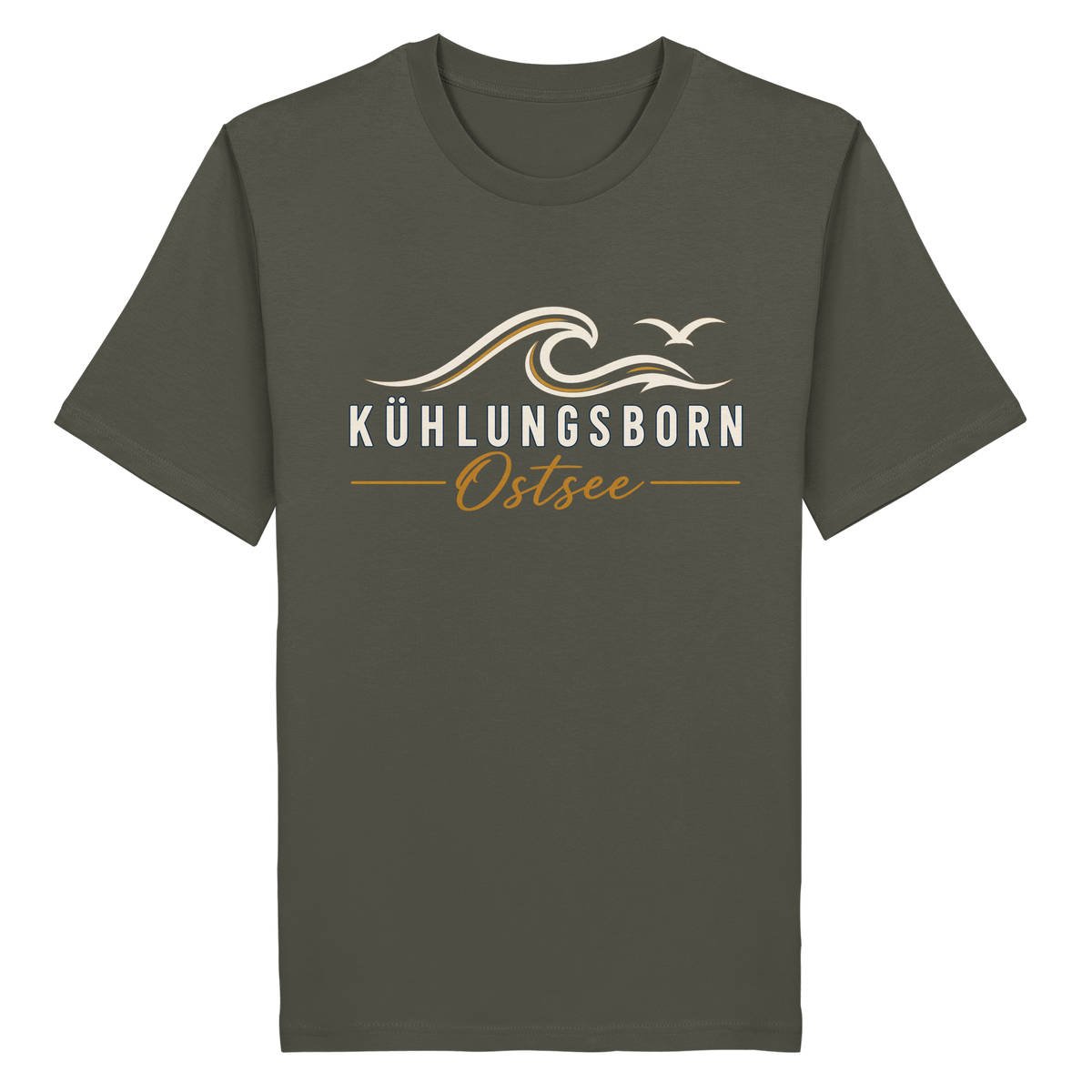 Kühlungsborn Baltic Waves Bio-Unisex-T-Shirt Dark Edition in Khaki – originales Shirtigo-Produktmockup