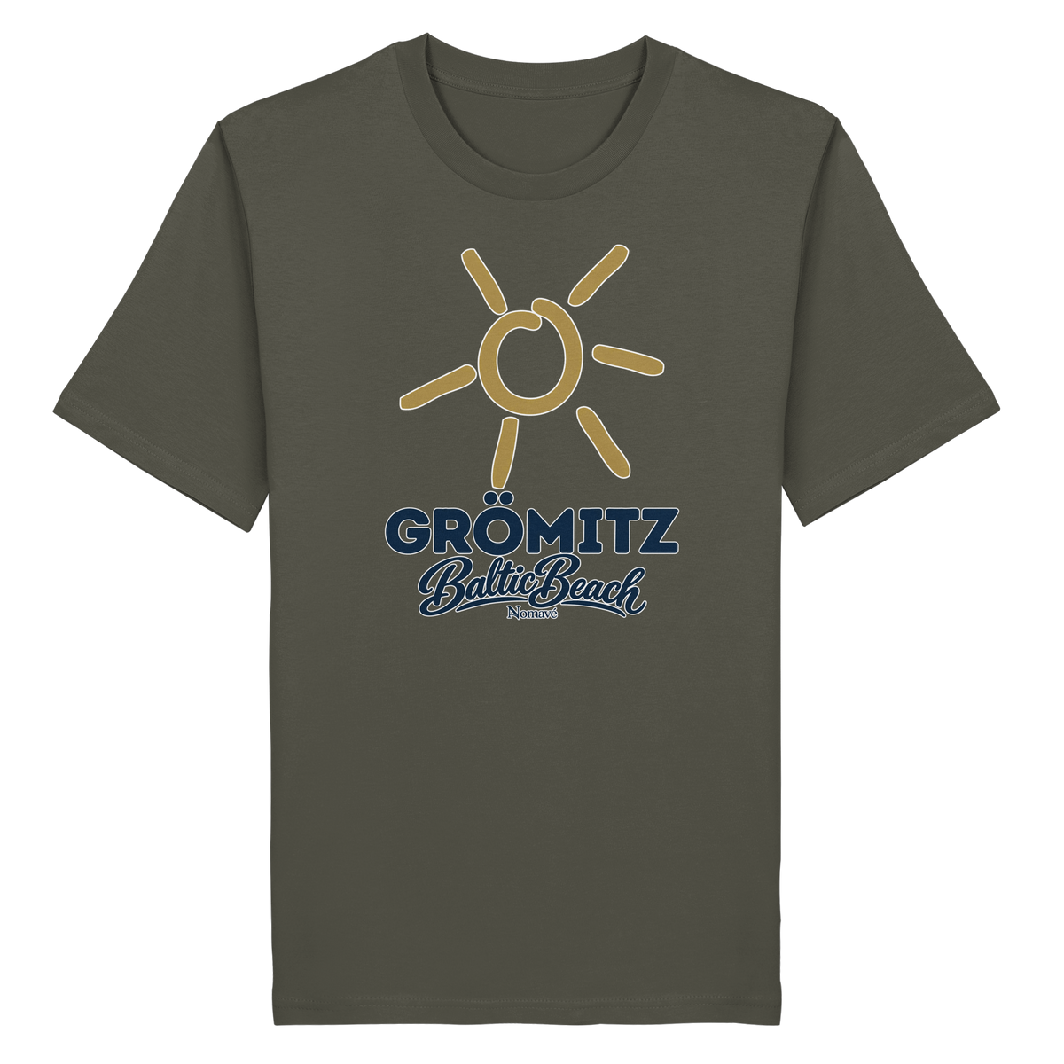 Bio Unisex T-Shirt Grömitz Sonne Baltic Beach – khaki, Frontdruck mit goldener Sonne, Shirtigo-Originalmockup 4