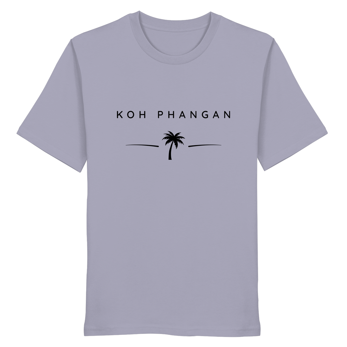 Frontansicht des Bio T-Shirt in der gezeigten Produktfarbe mit Koh Phangan Minimal Palm Frontprint