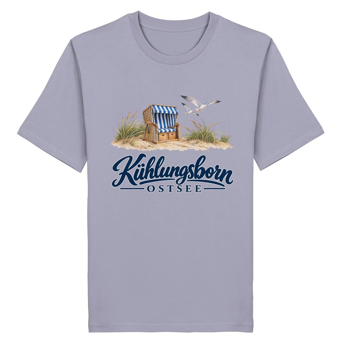 Bio-Unisex-T-Shirt Kühlungsborn – Strandkorb & Ostsee in Lavender, Shirtigo-Originalmockup der Vorderseite mit Strandkorbmotiv.