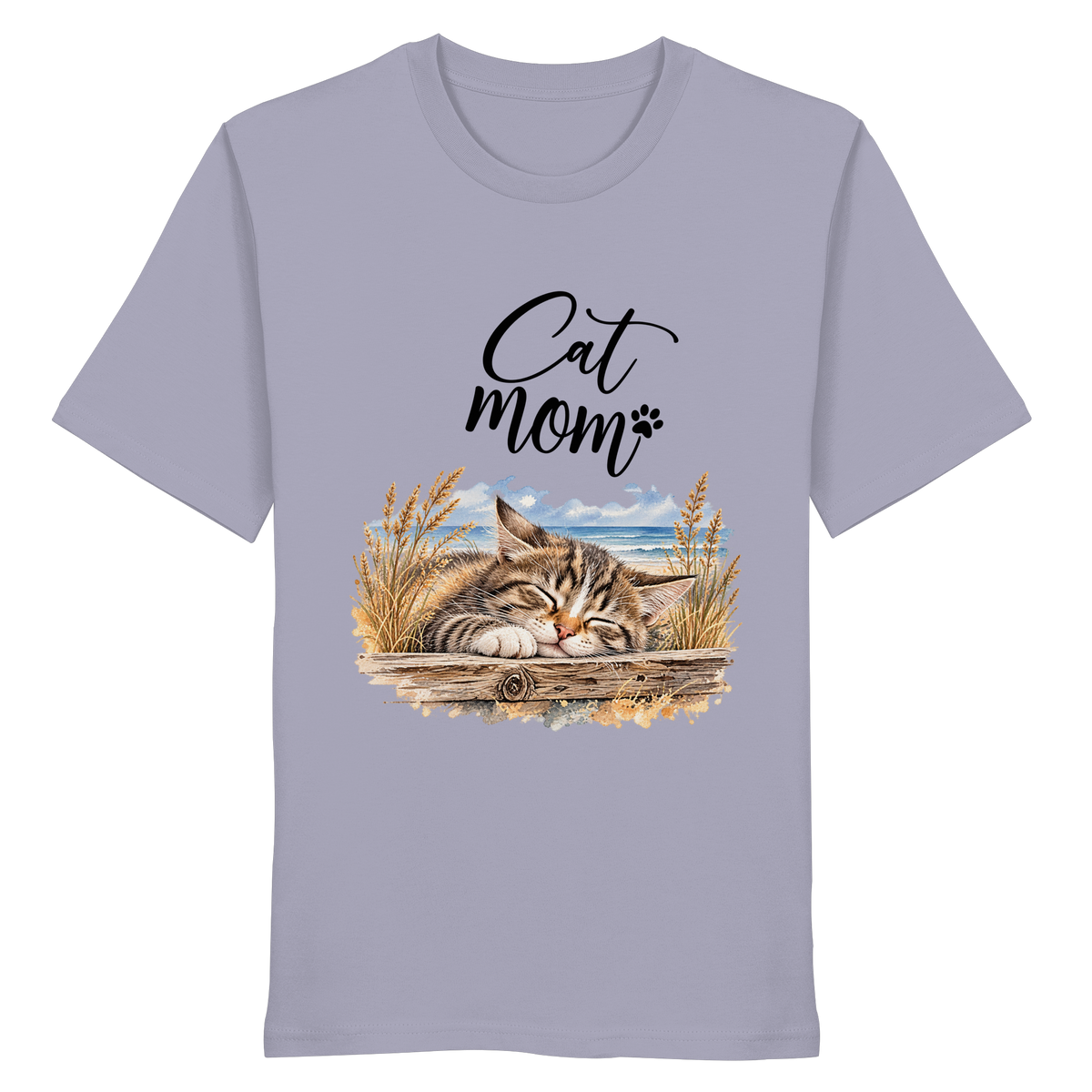 Unisex Bio-T-Shirt in Lavender mit Cat-Mom-Katzenmotiv als Frontprint – Vorderansicht im Original-Mockup.