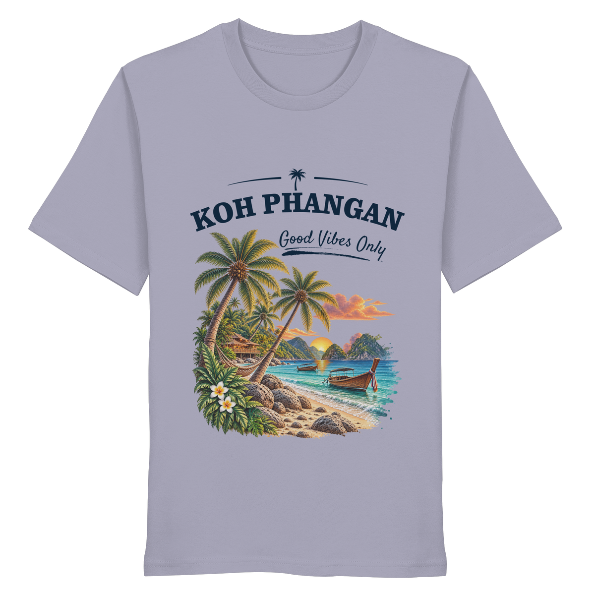 Koh Phangan Good Vibes Only – Bio T-Shirt – Original-Mockup organic shirt lavender mit Frontprint