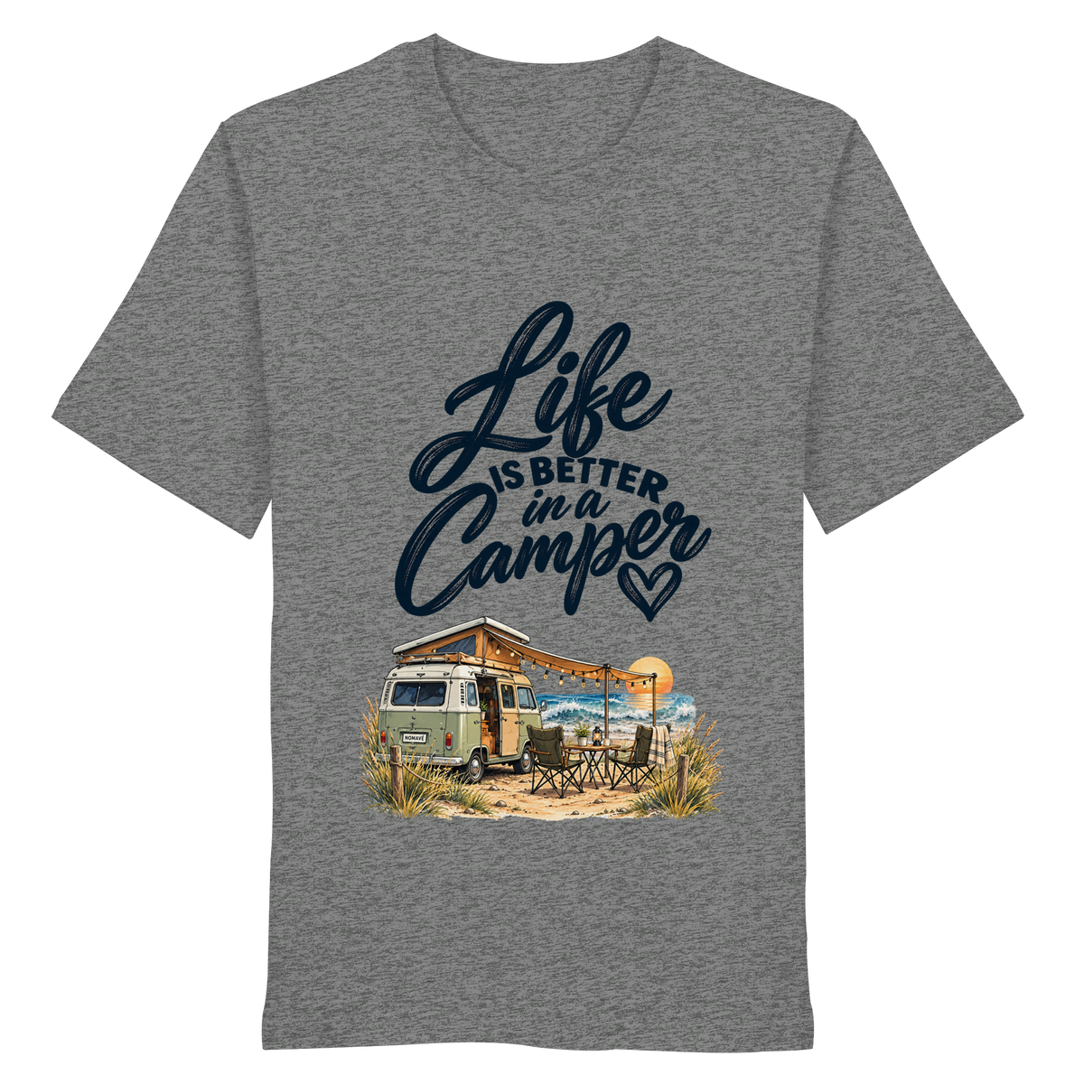 Bio T - Shirt mit „Life is better in a Camper“-Motiv – Vorderansicht in Heather Grey für Vanlife- und Campingfans