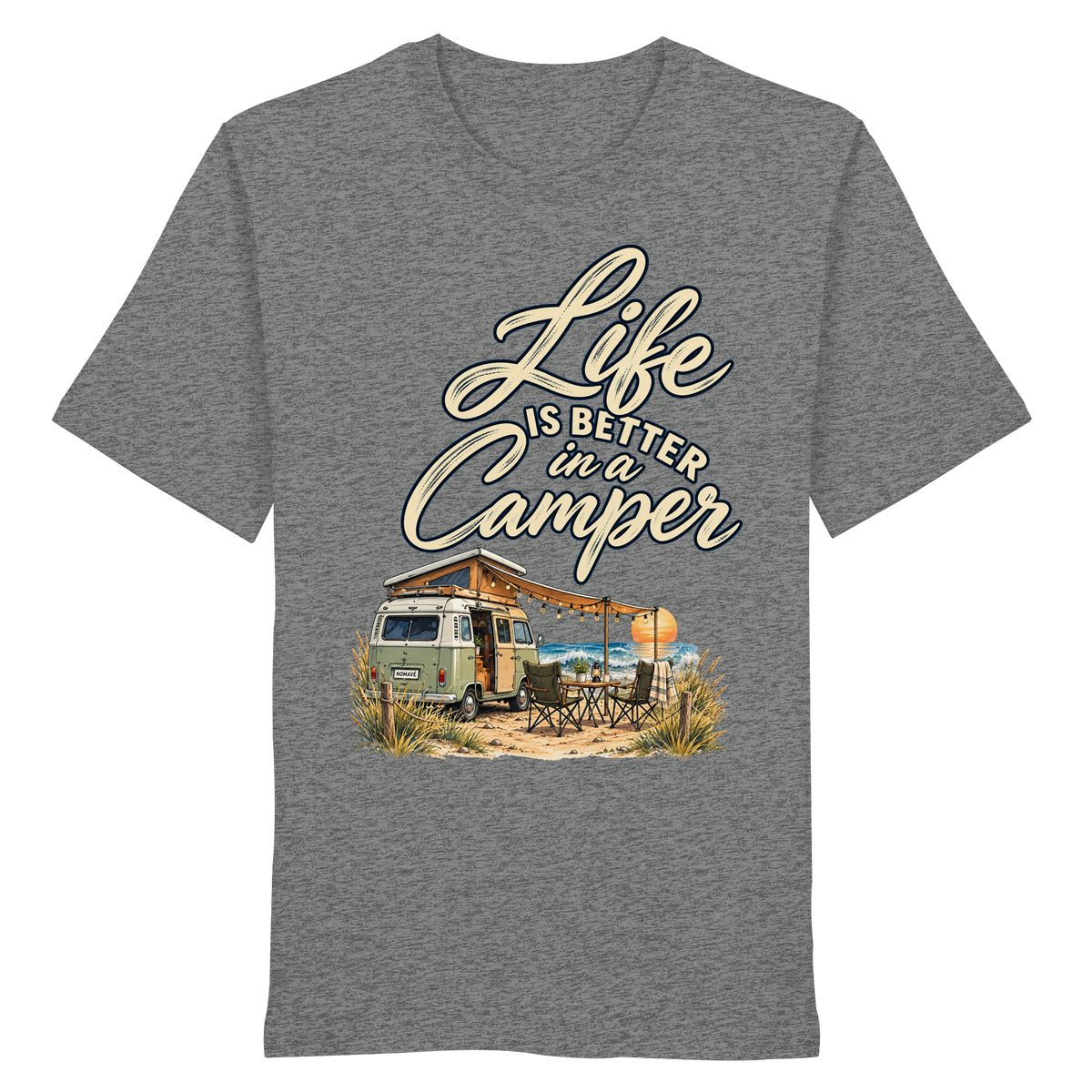 Bio T-Shirt in Mid Heather Grey mit „Life is better in a Camper“-Motiv – Vorderansicht für Vanlife- und Campingfans