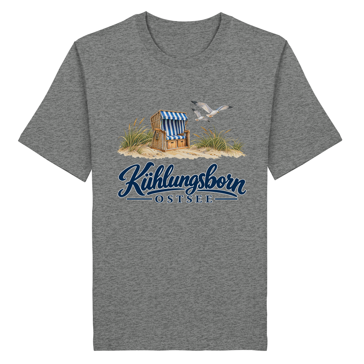 Bio-Unisex-T-Shirt Kühlungsborn – Strandkorb & Ostsee in Mid Heather Grey, Shirtigo-Originalmockup der Vorderseite mit Strandkorbmotiv.