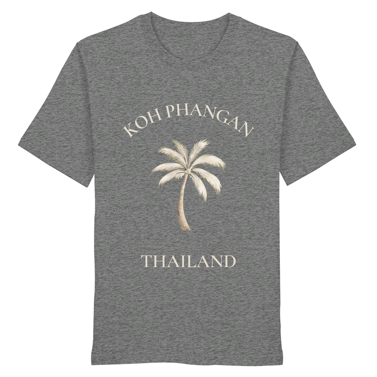 Original-Shirtigo-Mockup: Unisex Bio T-Shirt in mid heather grey mit Koh Phangan Mini Palm Frontprint