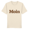 Original-Shirtigo-Mockup: Bio Unisex T-Shirt in Natural Raw mit lesbarem „Moin“ im karamellfarbenen Leopardenmuster als Frontprint