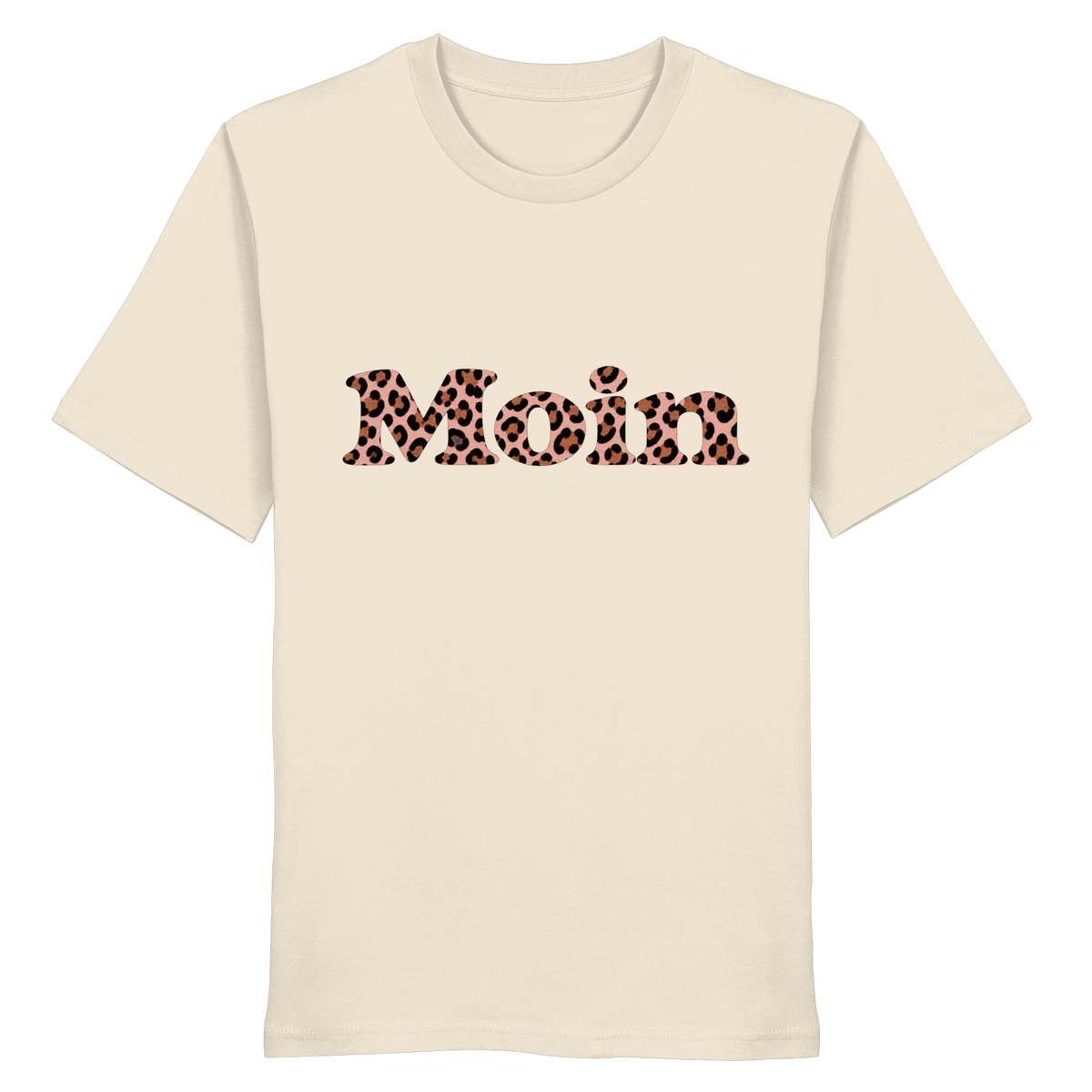 Bio-Unisex-T-Shirt in Natural Raw von vorne mit Moin-Leo-Blush-Pink-Motiv.