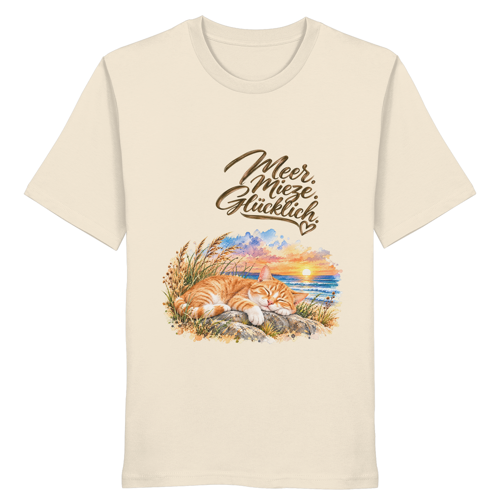 Original-Mockup des Unisex-Bio-T-Shirts in Natural Raw mit Meer. Mieze. Glücklich.-Katzenmotiv auf der Vorderseite.