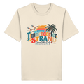 Vorderansicht des Unisex-T-Shirts in Natural Raw mit Timmendorfer-Strand-Good-Vibes-Only-Frontprint aus Sonnenuntergang, Palmen und Möwen.