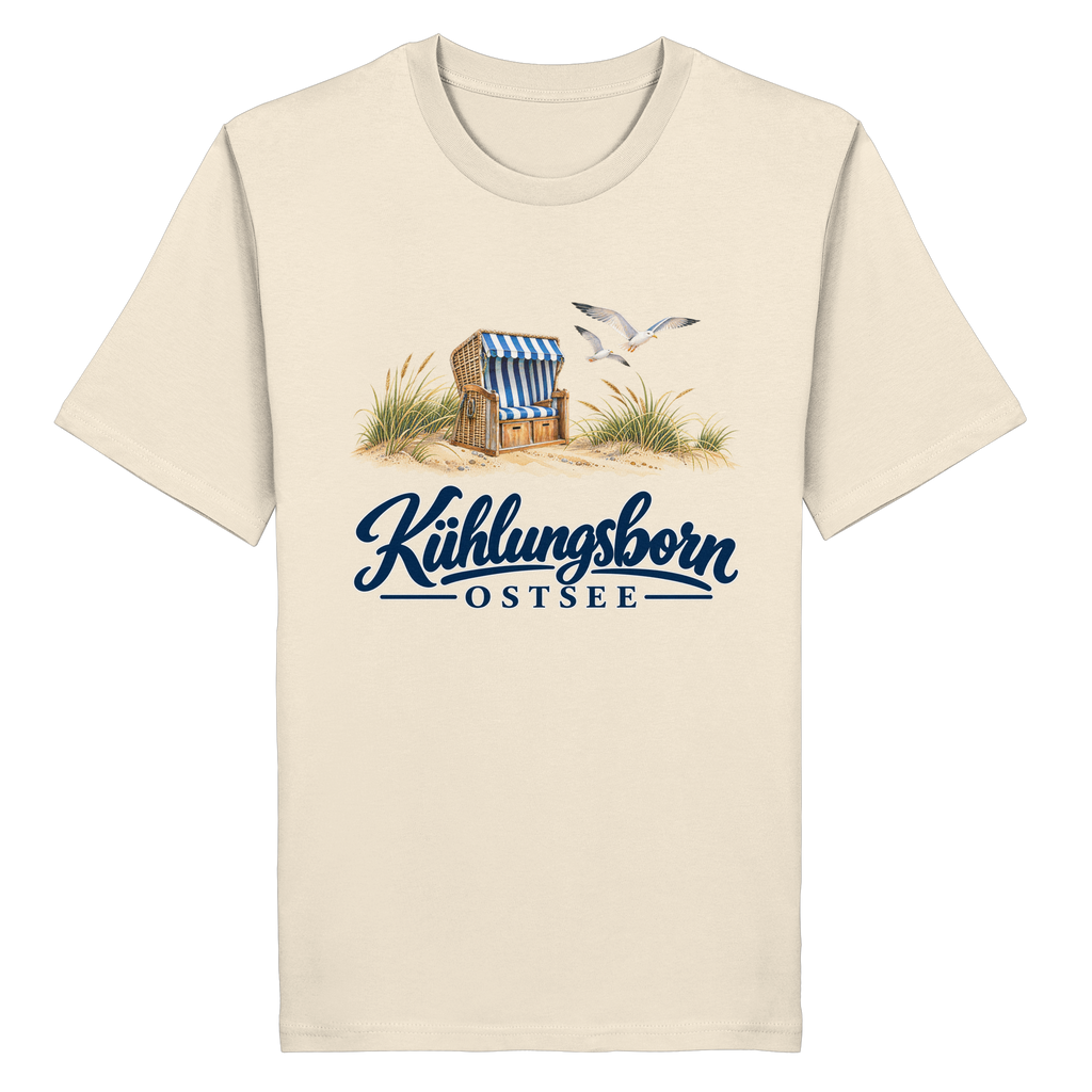 Bio-Unisex-T-Shirt Kühlungsborn – Strandkorb & Ostsee in Natural Raw, Shirtigo-Originalmockup der Vorderseite mit Strandkorbmotiv.