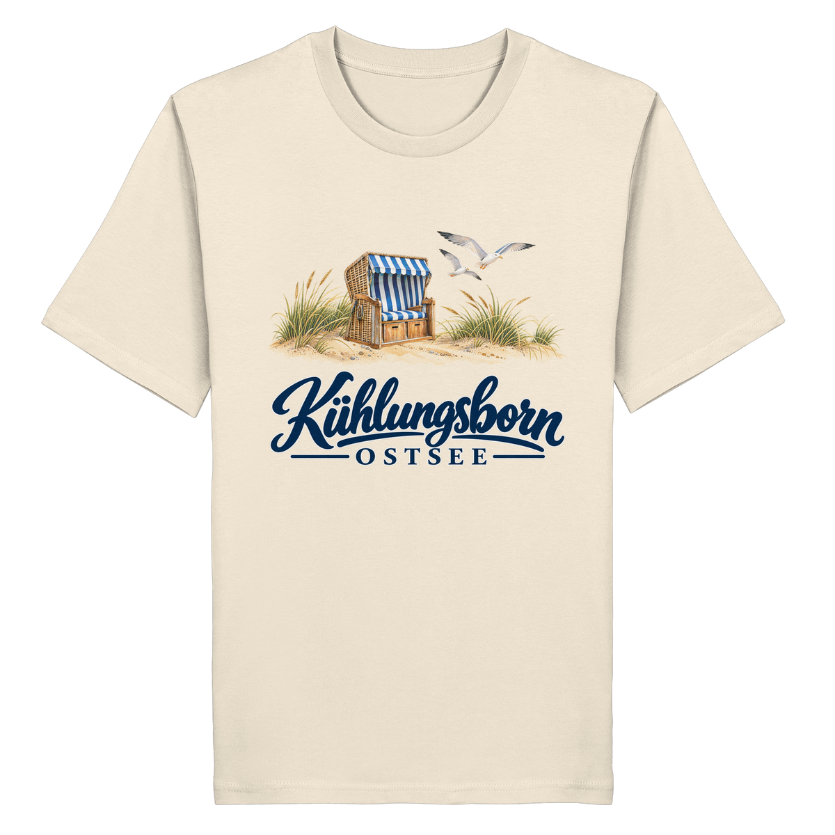 Bio-Unisex-T-Shirt Kühlungsborn – Strandkorb & Ostsee in Natural Raw, Shirtigo-Originalmockup der Vorderseite mit Strandkorbmotiv.