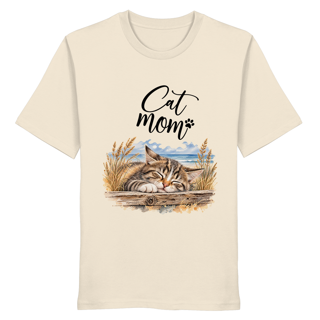Unisex Bio-T-Shirt in Natural Raw mit Cat-Mom-Katzenmotiv als Frontprint – Vorderansicht im Original-Mockup.