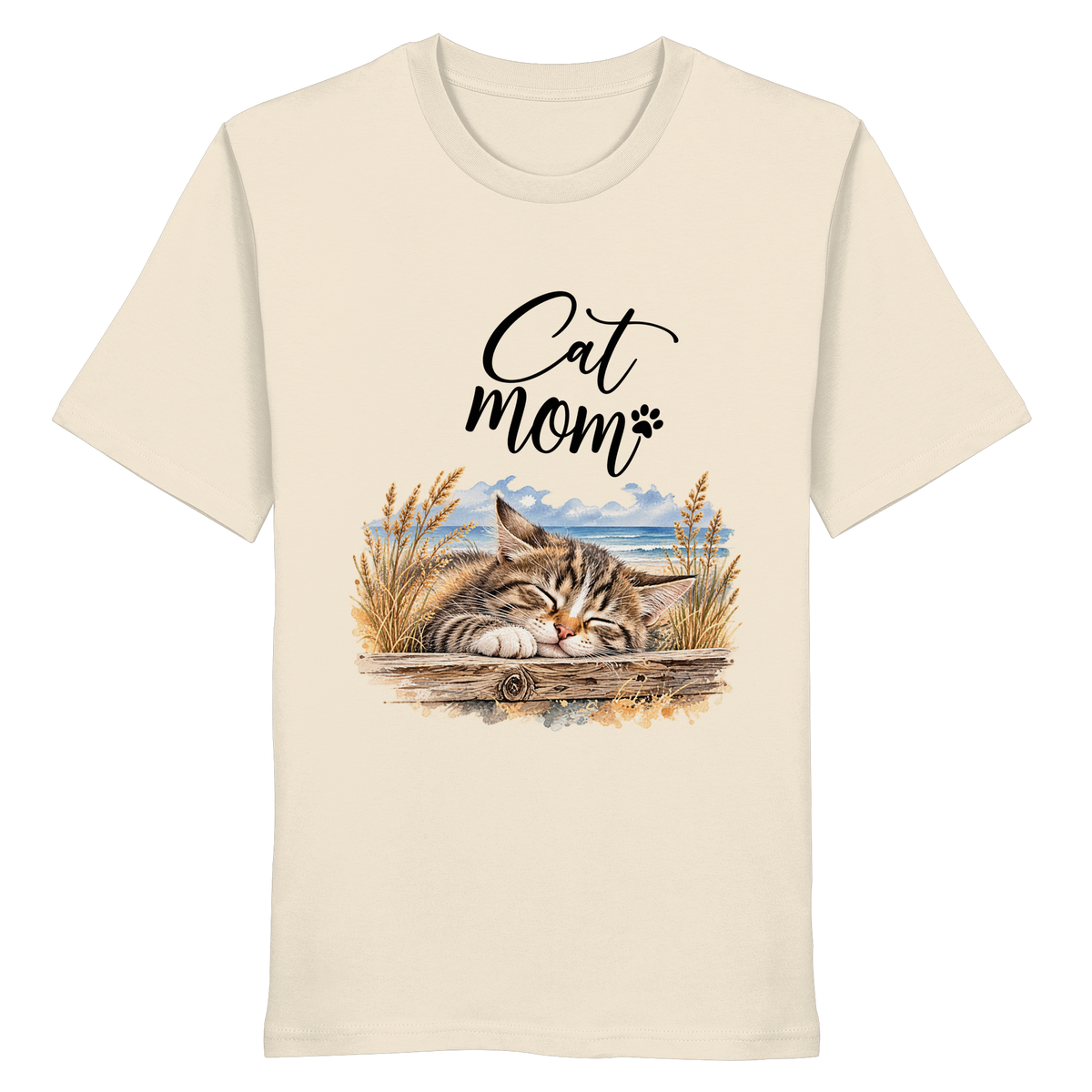Unisex Bio-T-Shirt in Natural Raw mit Cat-Mom-Katzenmotiv als Frontprint – Vorderansicht im Original-Mockup.