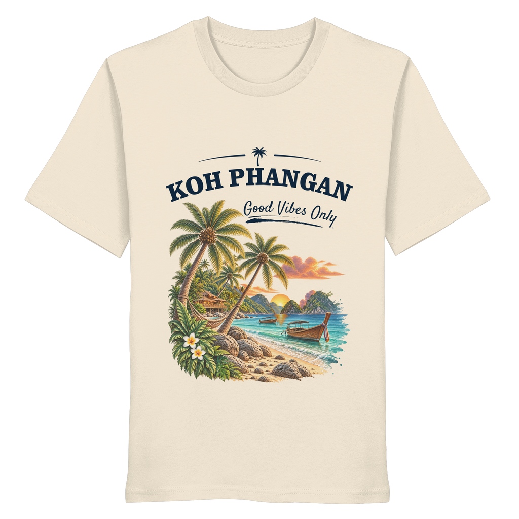 Koh Phangan Good Vibes Only – Bio T-Shirt – Original-Mockup organic shirt natural raw mit Frontprint
