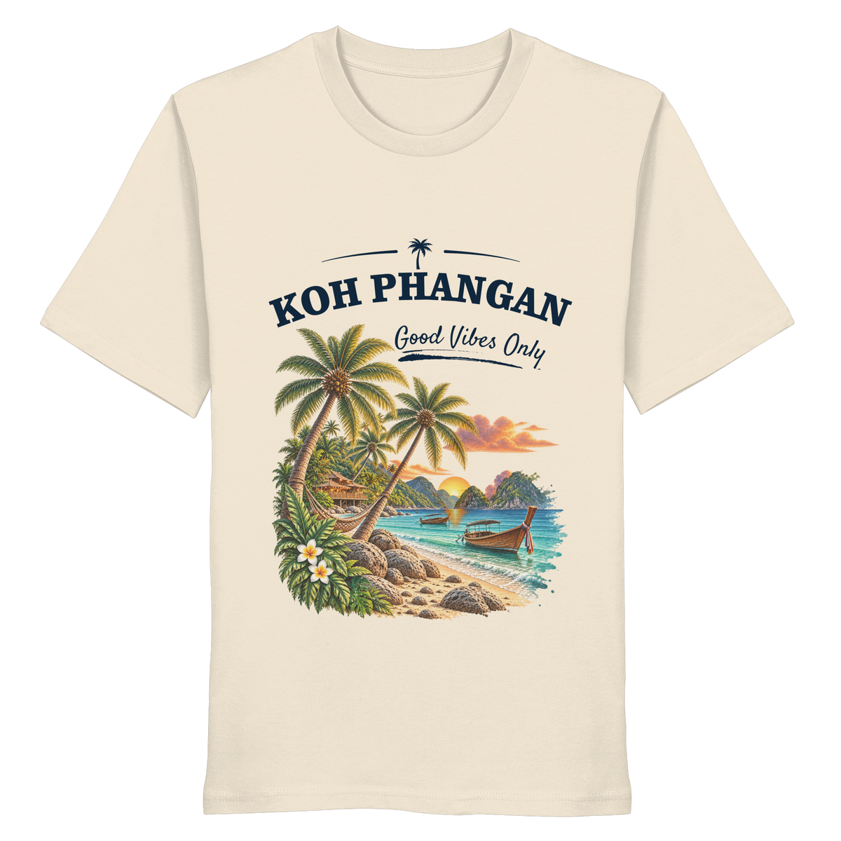 Koh Phangan Good Vibes Only – Bio T-Shirt – Original-Mockup organic shirt natural raw mit Frontprint