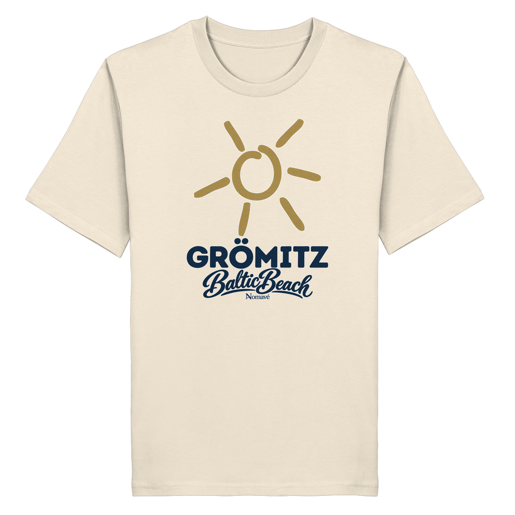 Bio Unisex T-Shirt Grömitz Sonne Baltic Beach – natural raw, Frontdruck mit goldener Sonne, Shirtigo-Originalmockup 1