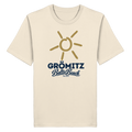 Bio Unisex T-Shirt Grömitz Sonne Baltic Beach – natural raw, Frontdruck mit goldener Sonne, Shirtigo-Originalmockup 1