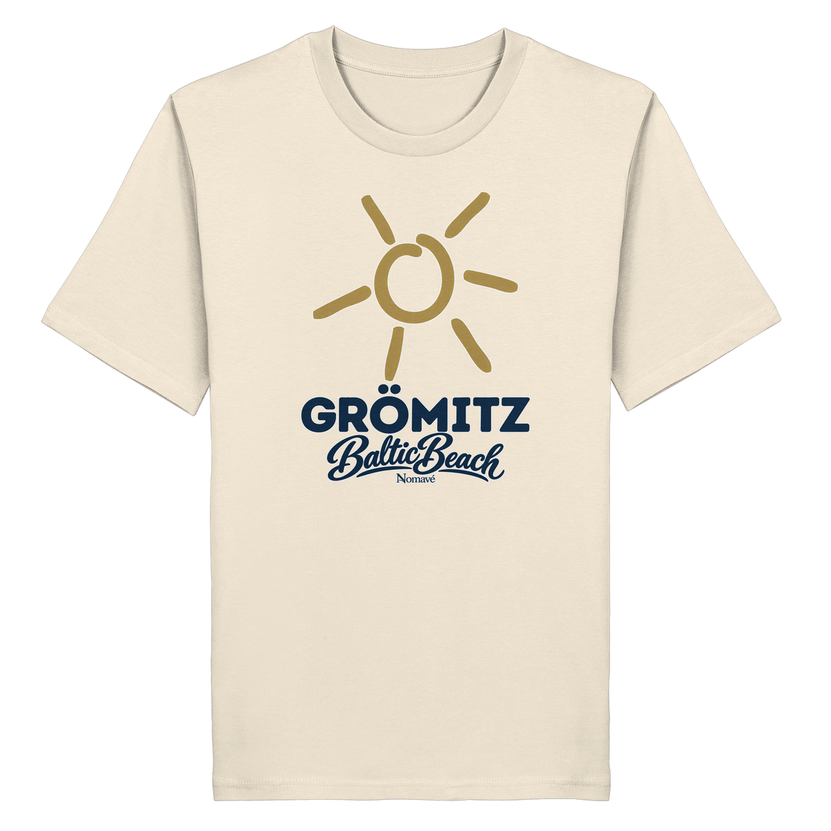 Bio Unisex T-Shirt Grömitz Sonne Baltic Beach – natural raw, Frontdruck mit goldener Sonne, Shirtigo-Originalmockup 1