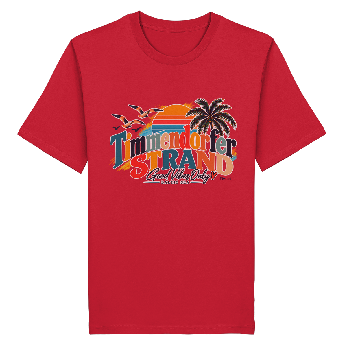 Vorderansicht des Unisex-T-Shirts in Red mit Timmendorfer-Strand-Good-Vibes-Only-Frontprint aus Sonnenuntergang, Palmen und Möwen.