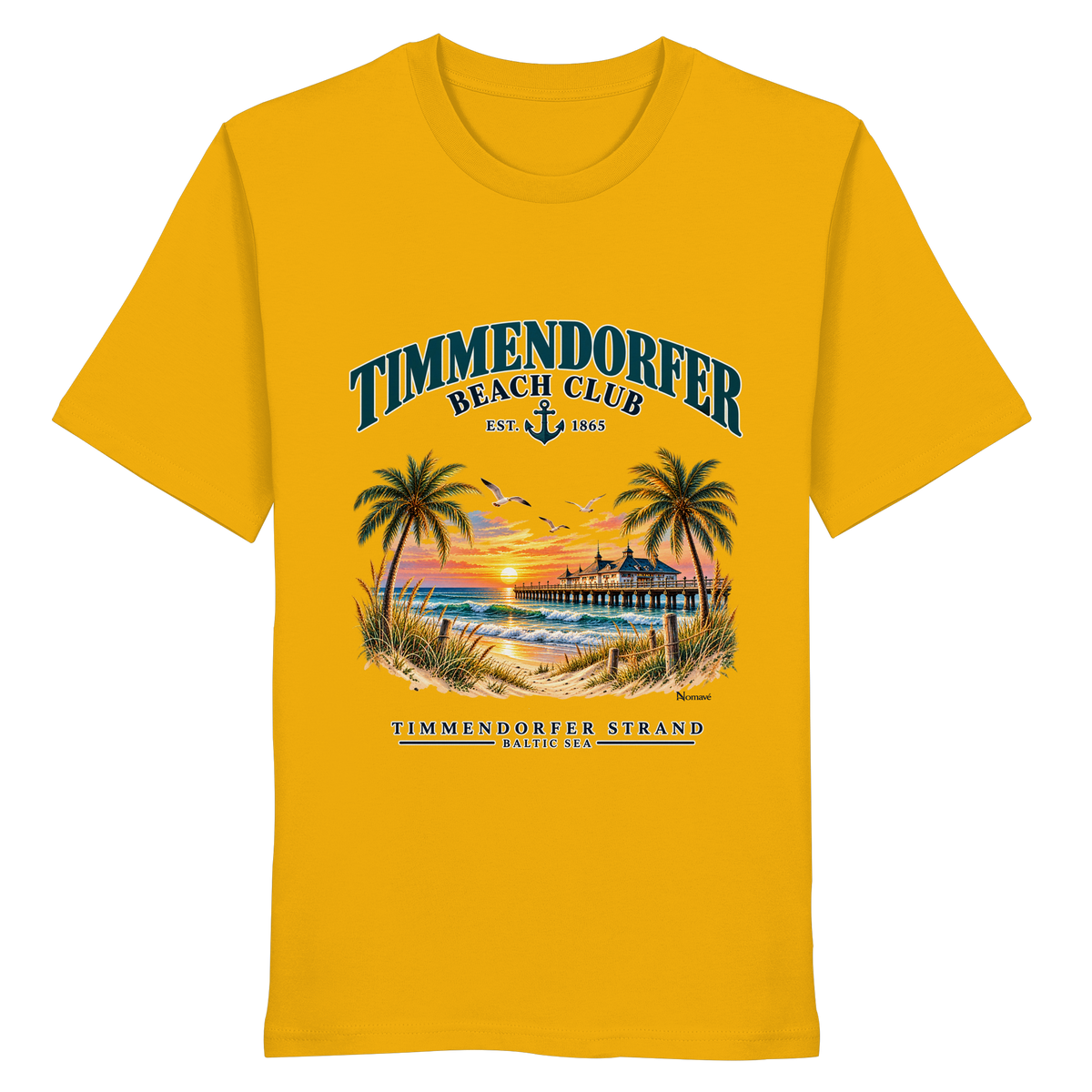 Originalmockup: Timmendorfer Beach Club Unisex Bio-T-Shirt in Spectra Yellow, Vorderansicht mit maritimem Frontprint, Palmen, Seebrücke und Meer.