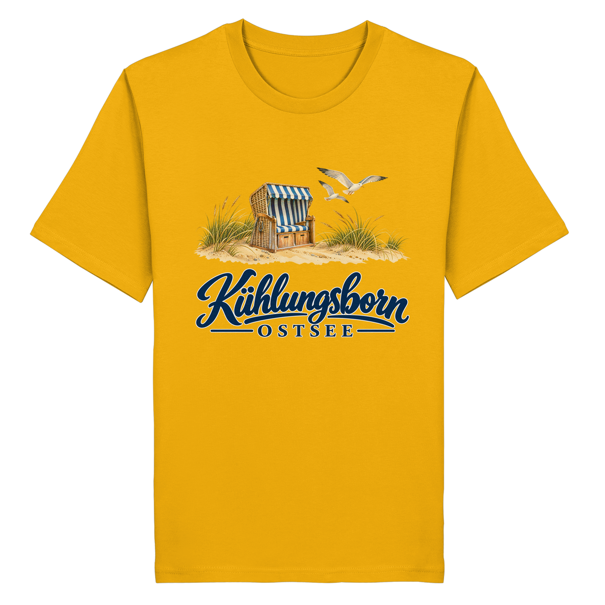 Bio-Unisex-T-Shirt Kühlungsborn – Strandkorb & Ostsee in Spectra Yellow, Shirtigo-Originalmockup der Vorderseite mit Strandkorbmotiv.