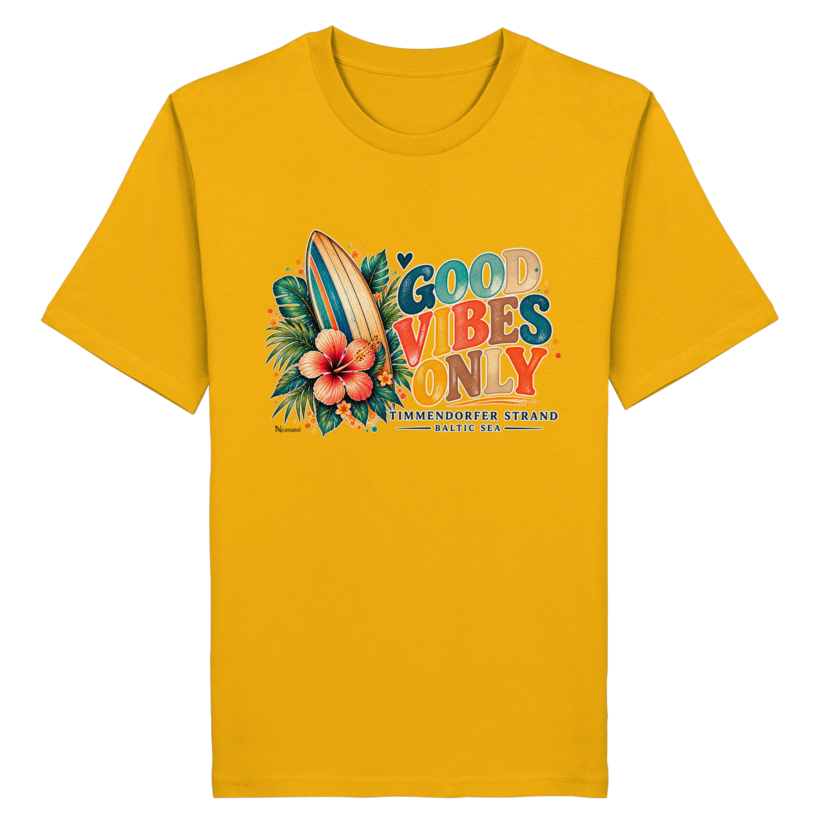 Timmendorfer Strand – Surf Vibes – Unisex Bio-T-Shirt mit Frontprint – Spectra Yellow; originales Katalogmockup der Vorderansicht mit Frontprint.