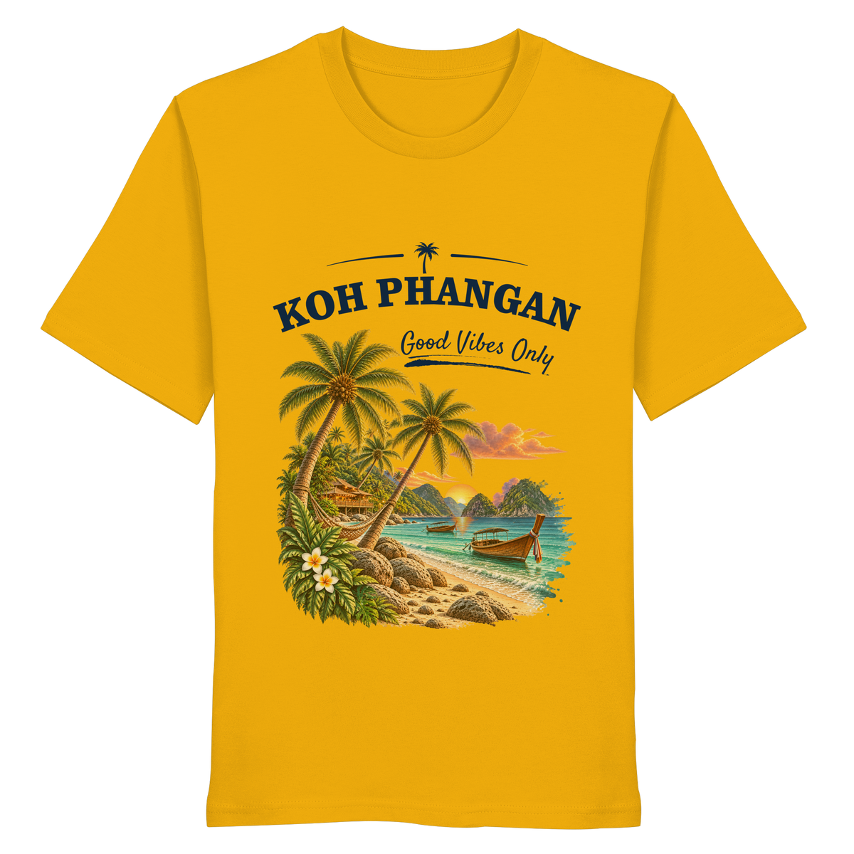 Koh Phangan Good Vibes Only – Bio T-Shirt – Original-Mockup organic shirt spectra yellow mit Frontprint