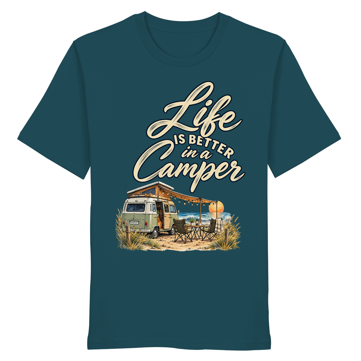 Bio T-Shirt in Stargazer mit „Life is better in a Camper“-Motiv – Vorderansicht für Vanlife- und Campingfans