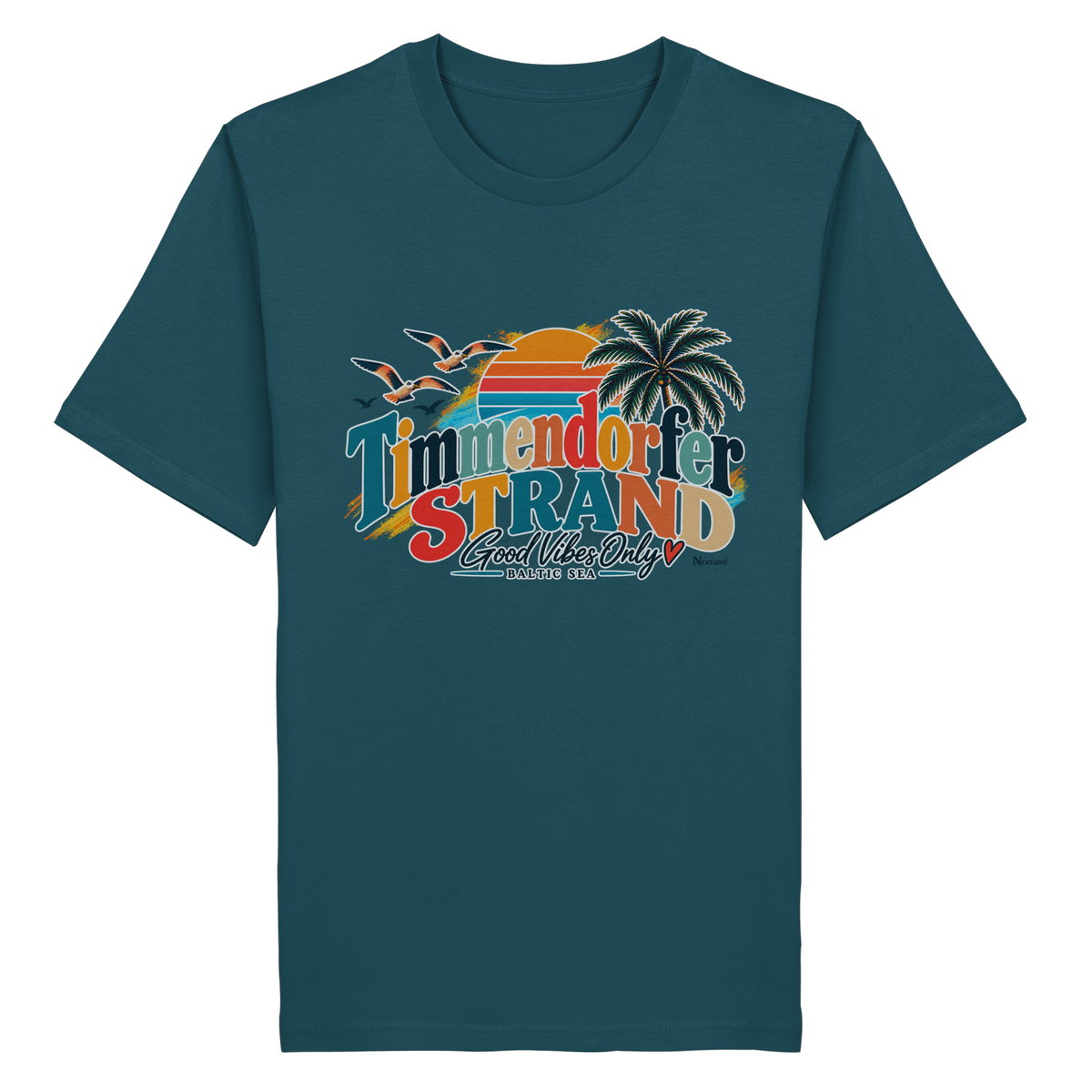 Vorderansicht des Unisex-T-Shirts in Stargazer mit Timmendorfer-Strand-Good-Vibes-Only-Frontprint aus Sonnenuntergang, Palmen und Möwen.