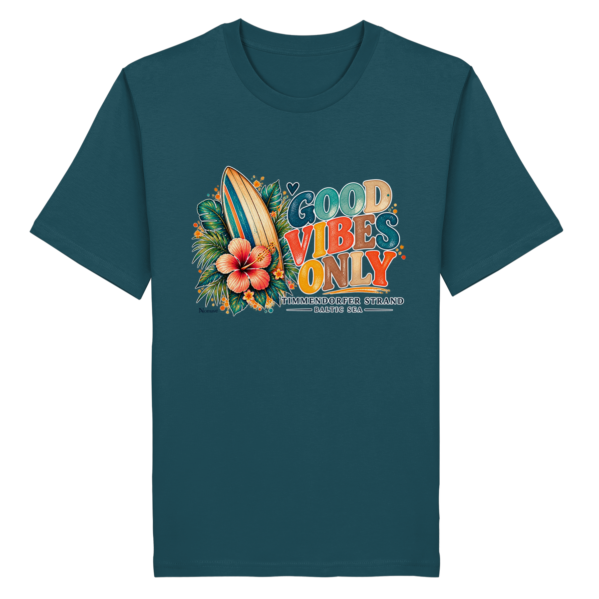 Timmendorfer Strand – Surf Vibes – Unisex Bio-T-Shirt mit Frontprint – Stargazer; originales Katalogmockup der Vorderansicht mit Frontprint.