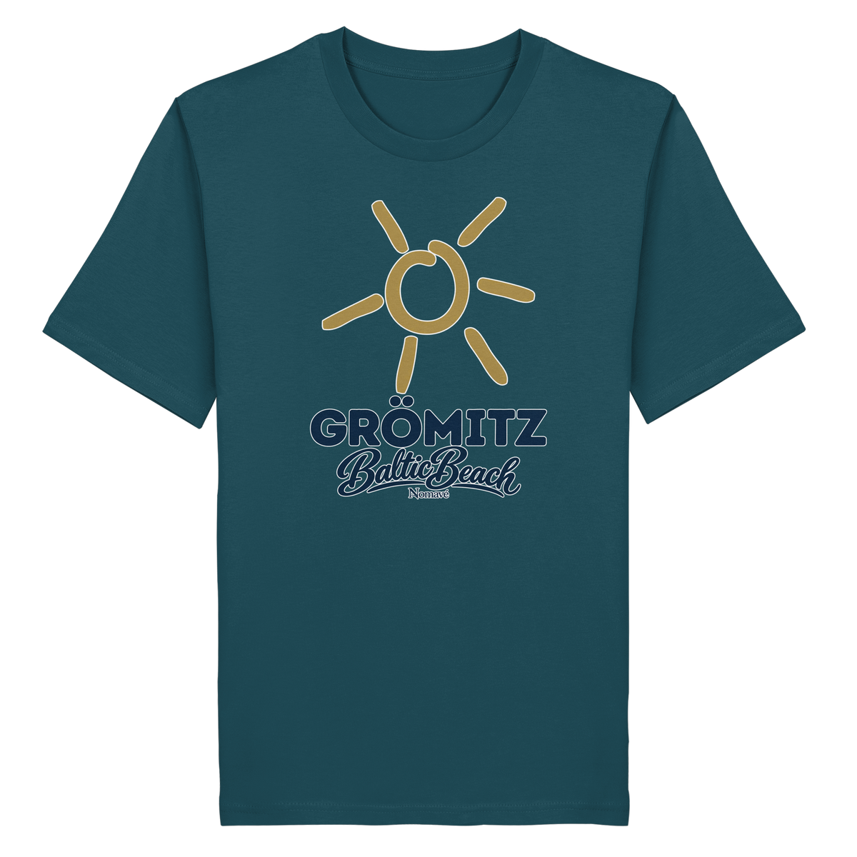 Bio Unisex T-Shirt Grömitz Sonne Baltic Beach – stargazer, Frontdruck mit goldener Sonne, Shirtigo-Originalmockup 12