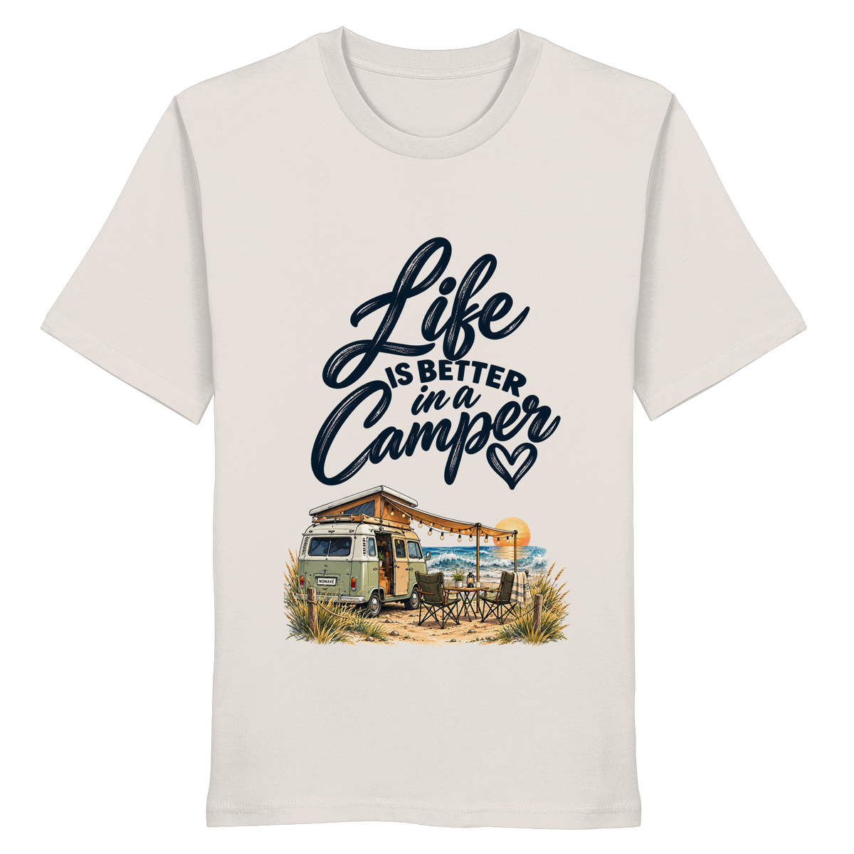 Bio T - Shirt mit „Life is better in a Camper“-Motiv – Vorderansicht in Vintage White für Vanlife- und Campingfans
