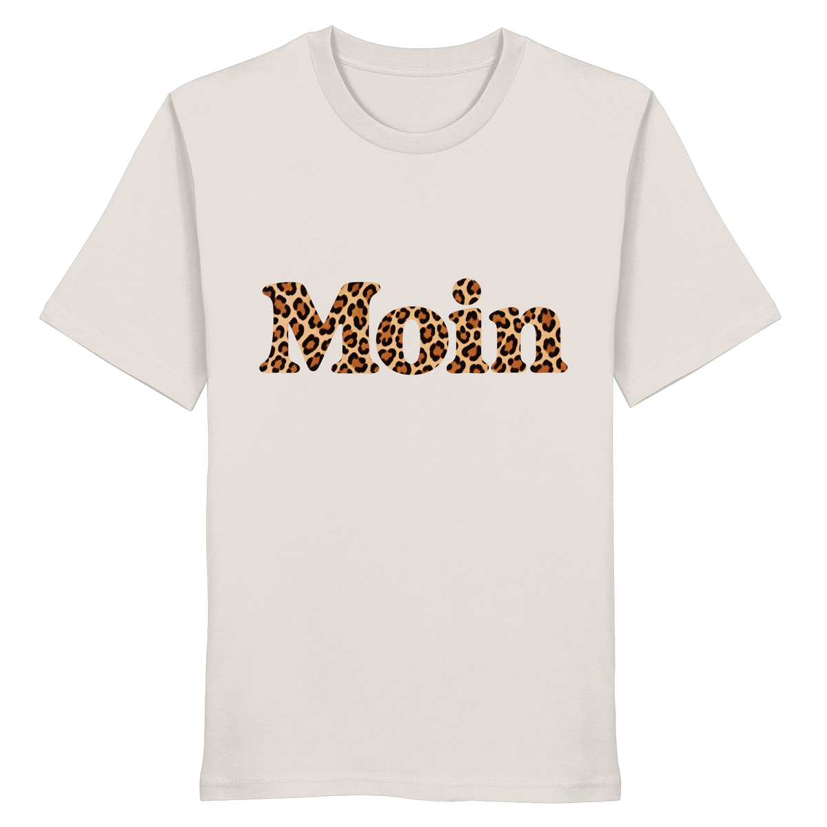 Original-Shirtigo-Mockup: Bio Unisex T-Shirt in Vintage White mit lesbarem „Moin“ im karamellfarbenen Leopardenmuster als Frontprint