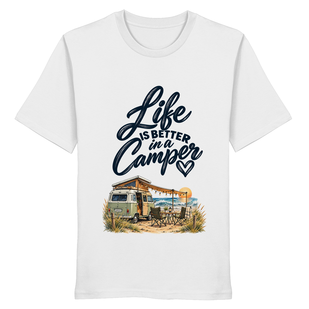 Bio T - Shirt mit „Life is better in a Camper“-Motiv – Vorderansicht in White für Vanlife- und Campingfans